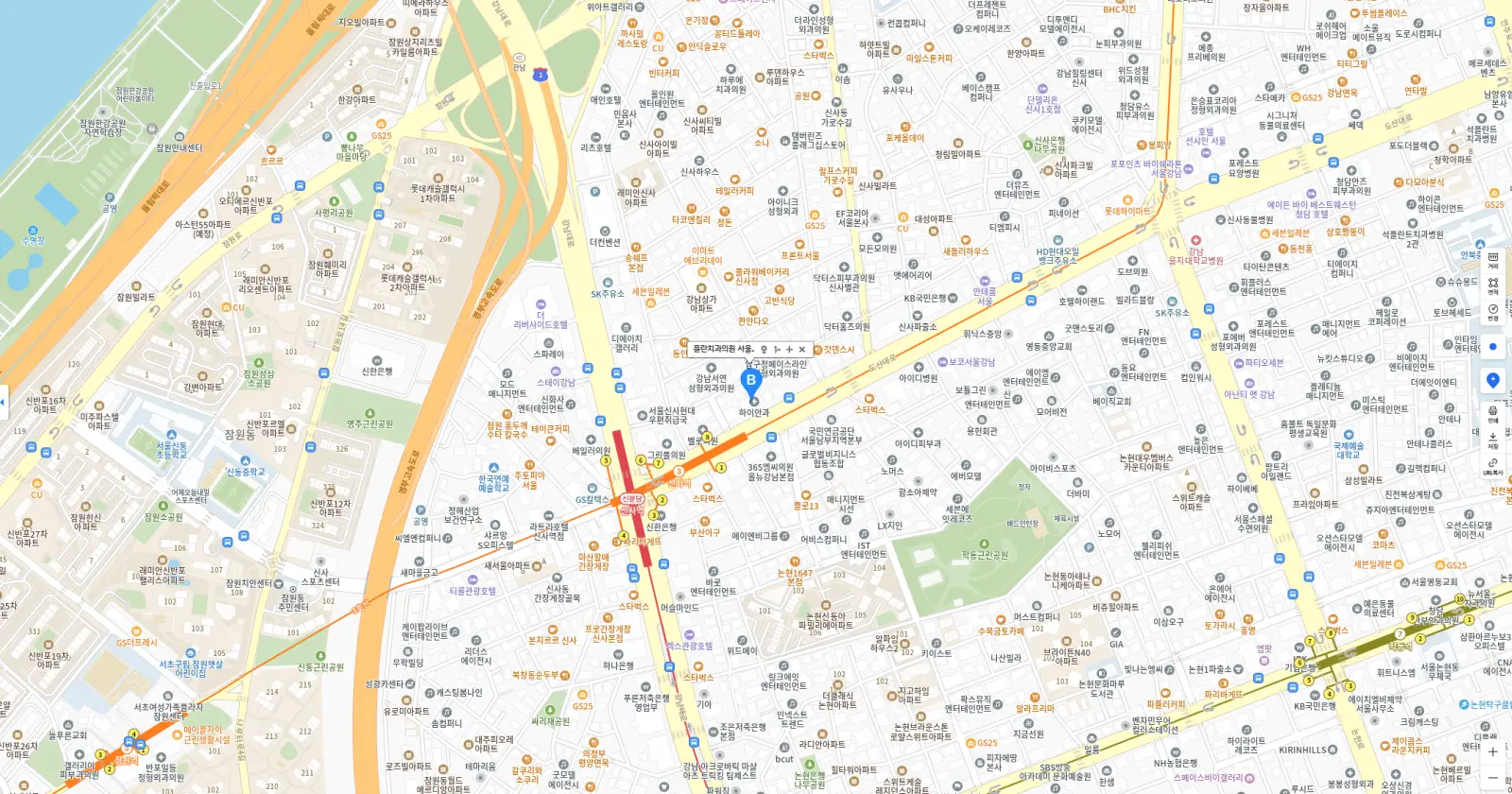 プラン歯科 ソウル院の地図: 新沙駅8番出口付近の島山大路